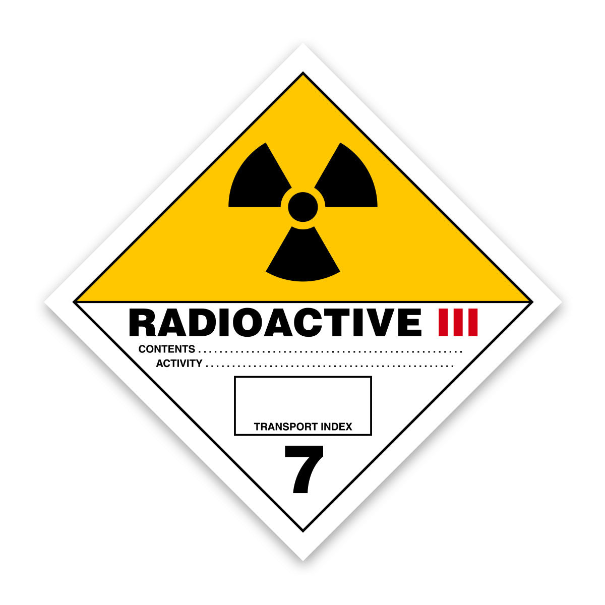 Code V7.3 Hazard Label 100mm x 100mm Class 7 Radioactive 7 III (7.3) - Rolls of 250