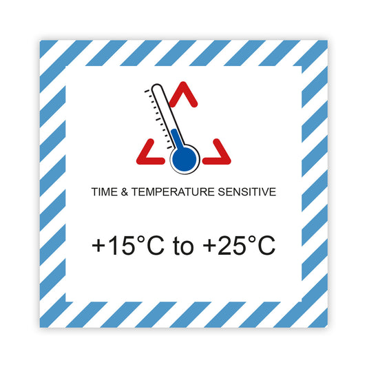 Handling Label 100mm x 100mm Time & Temperature Sensitive +15c to +25c - Rolls of 250